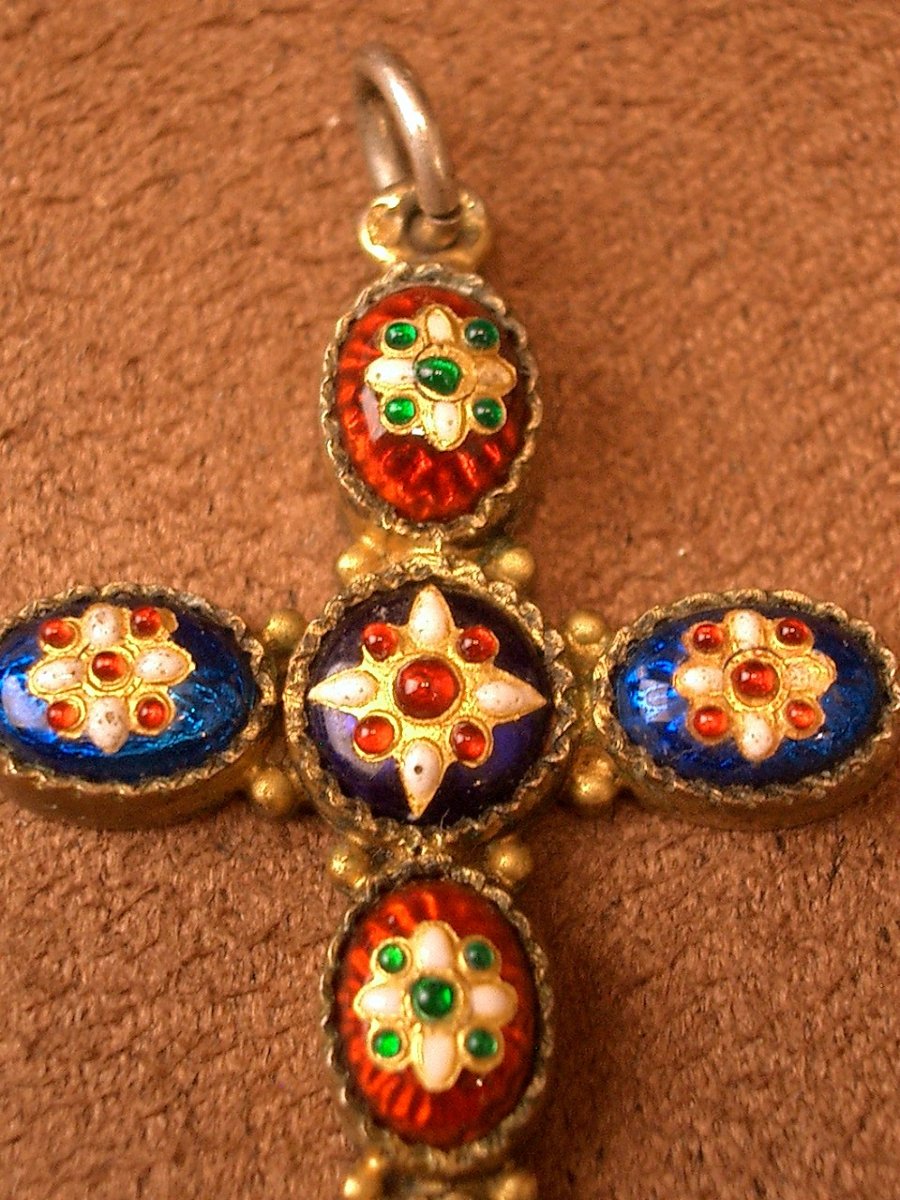 Antique Cross Pendant In Sterling Silver And Bresse Enamel-photo-3
