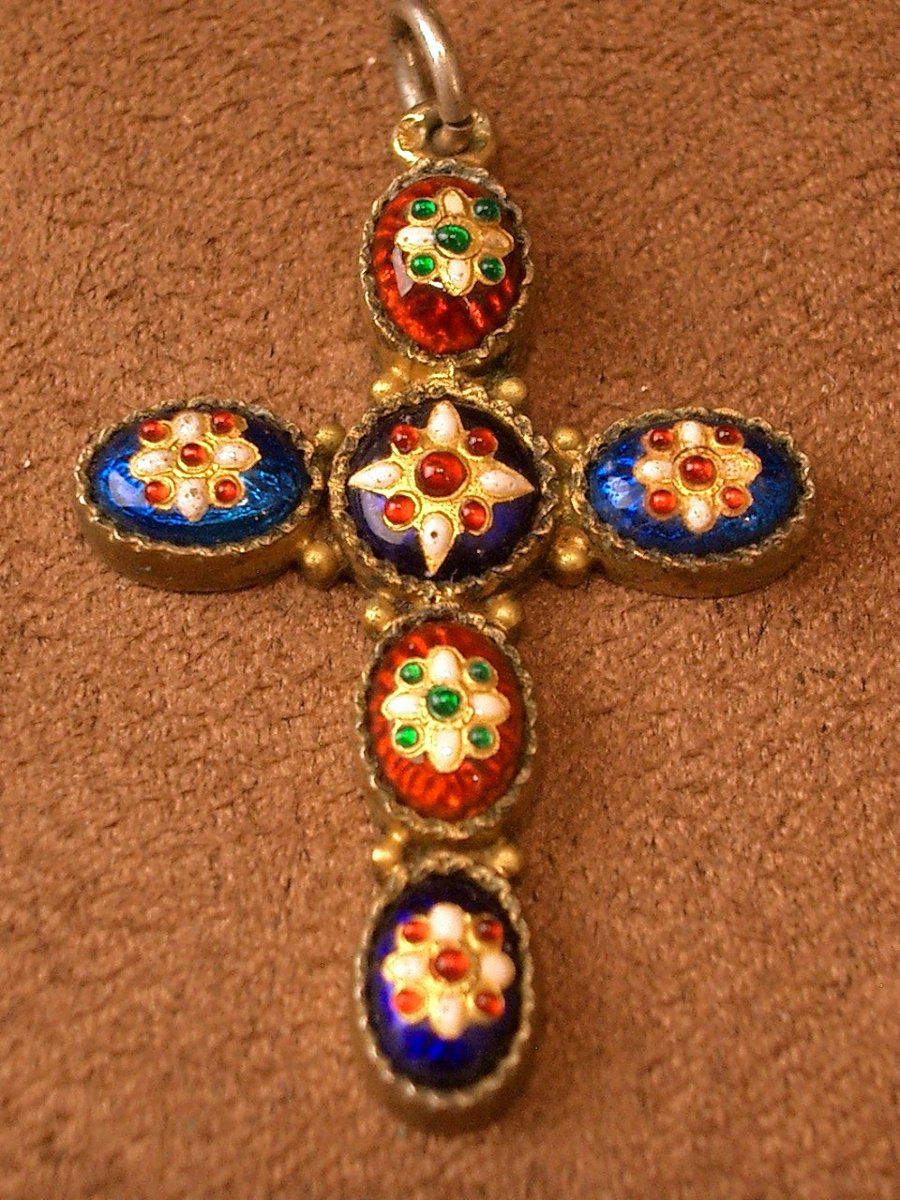 Antique Cross Pendant In Sterling Silver And Bresse Enamel-photo-4