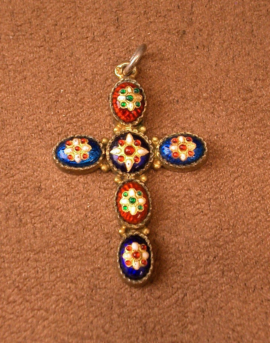 Antique Cross Pendant In Sterling Silver And Bresse Enamel-photo-3