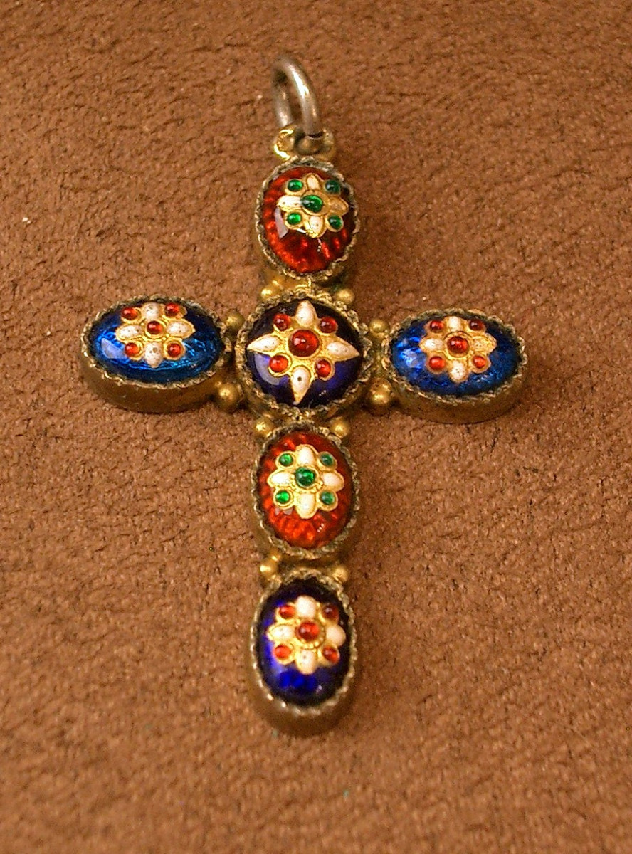Antique Cross Pendant In Sterling Silver And Bresse Enamel