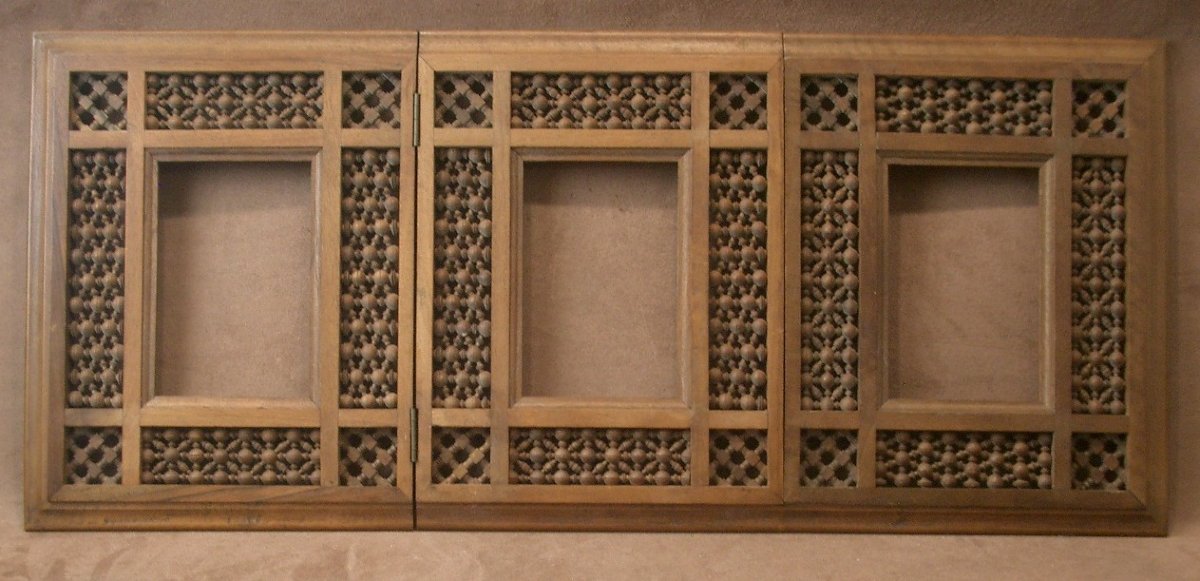 Orientalist Triptych Folding Frame With Moucharabieh Décor-photo-2