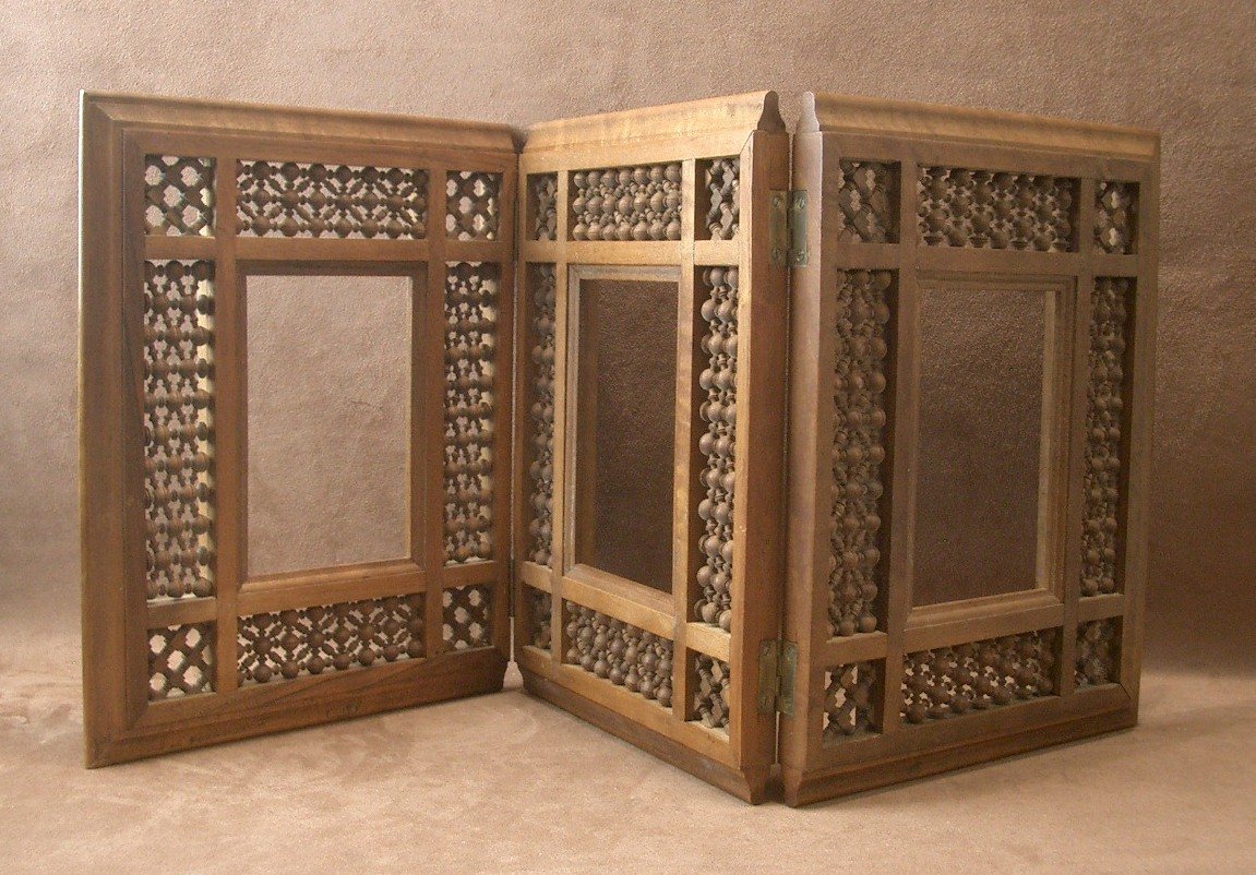 Orientalist Triptych Folding Frame With Moucharabieh Décor-photo-5