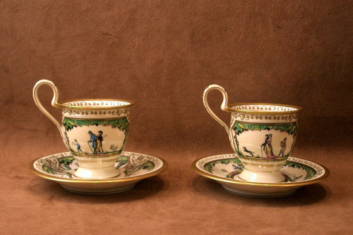Two Limoges Porcelain Coffee Cups, Raynaud, Promenade Au Palais Royal-photo-1