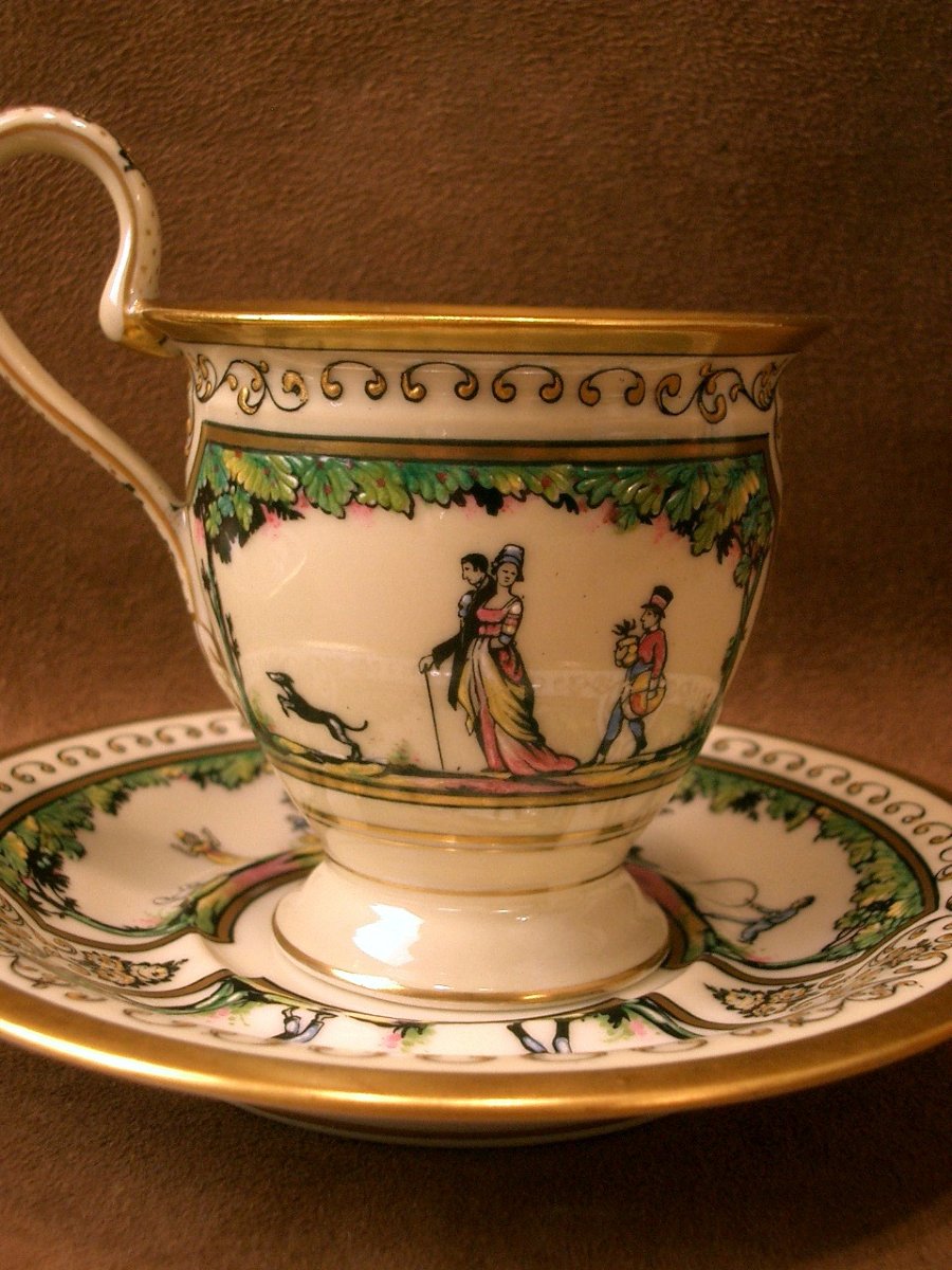 Two Limoges Porcelain Coffee Cups, Raynaud, Promenade Au Palais Royal-photo-3