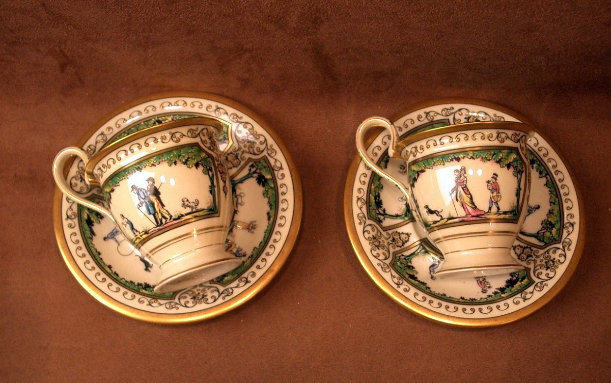 Two Limoges Porcelain Coffee Cups, Raynaud, Promenade Au Palais Royal-photo-4