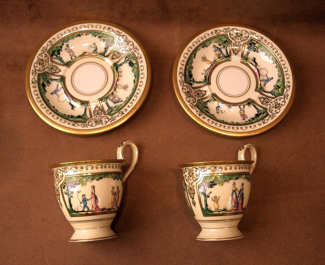 Two Limoges Porcelain Coffee Cups, Raynaud, Promenade Au Palais Royal-photo-5