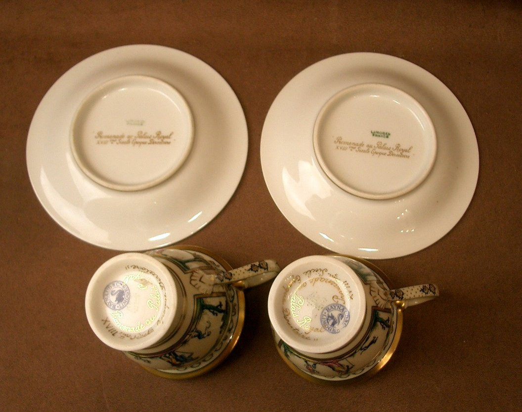 Two Limoges Porcelain Coffee Cups, Raynaud, Promenade Au Palais Royal-photo-7