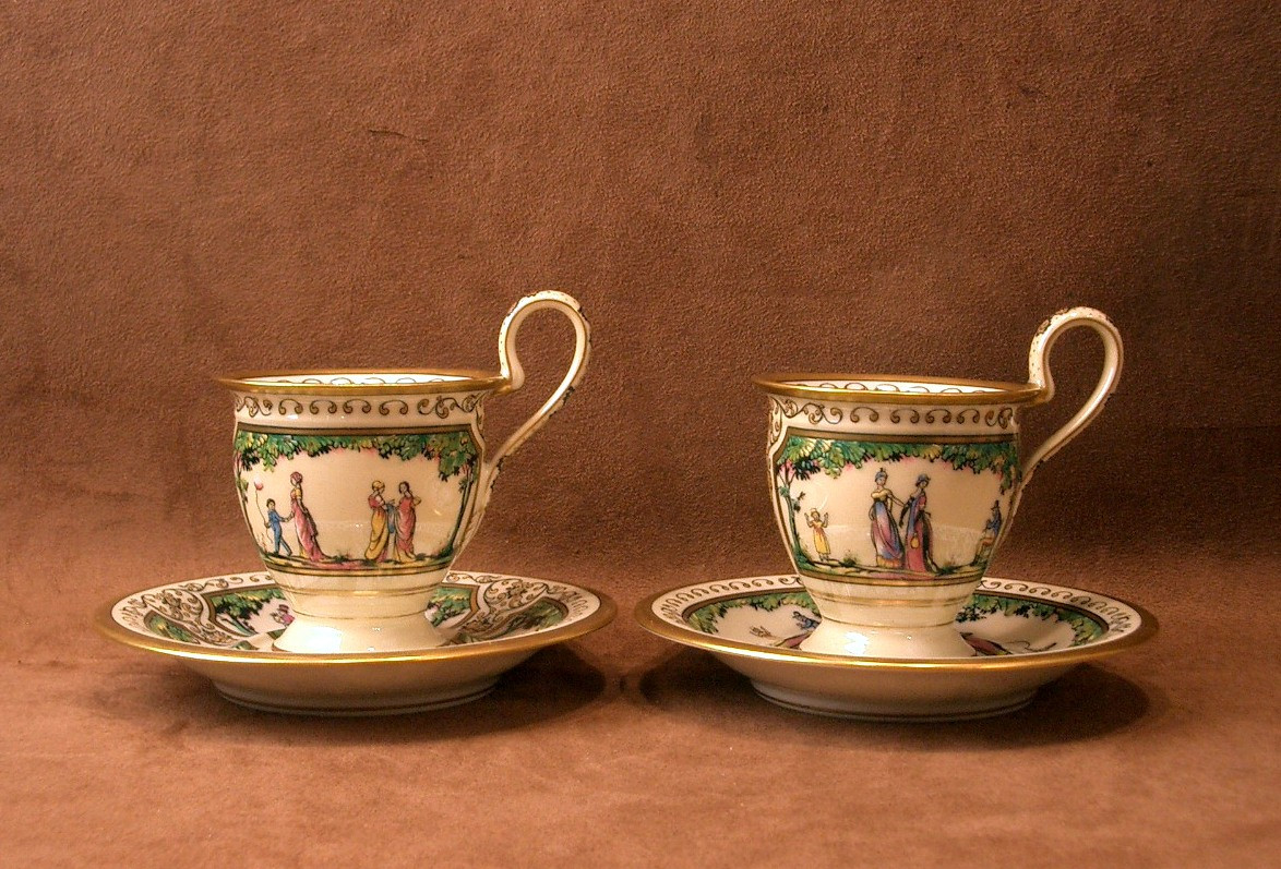 Two Limoges Porcelain Coffee Cups, Raynaud, Promenade Au Palais Royal