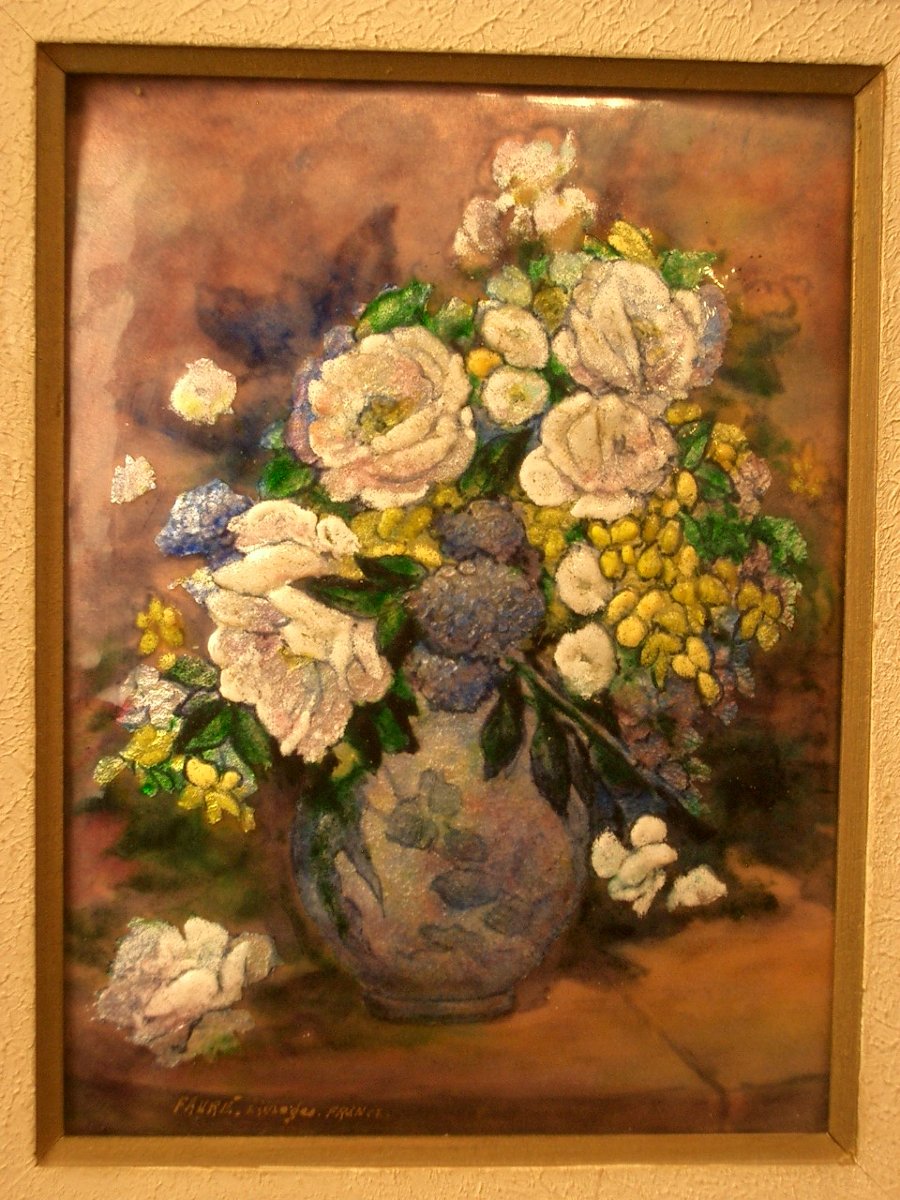 Limoges Enamel Painting Signed Fauré, -photo-4