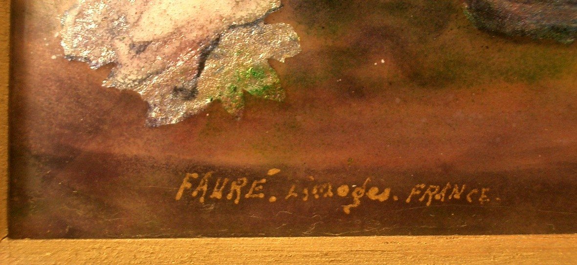 Limoges Enamel Painting Signed Fauré, -photo-2