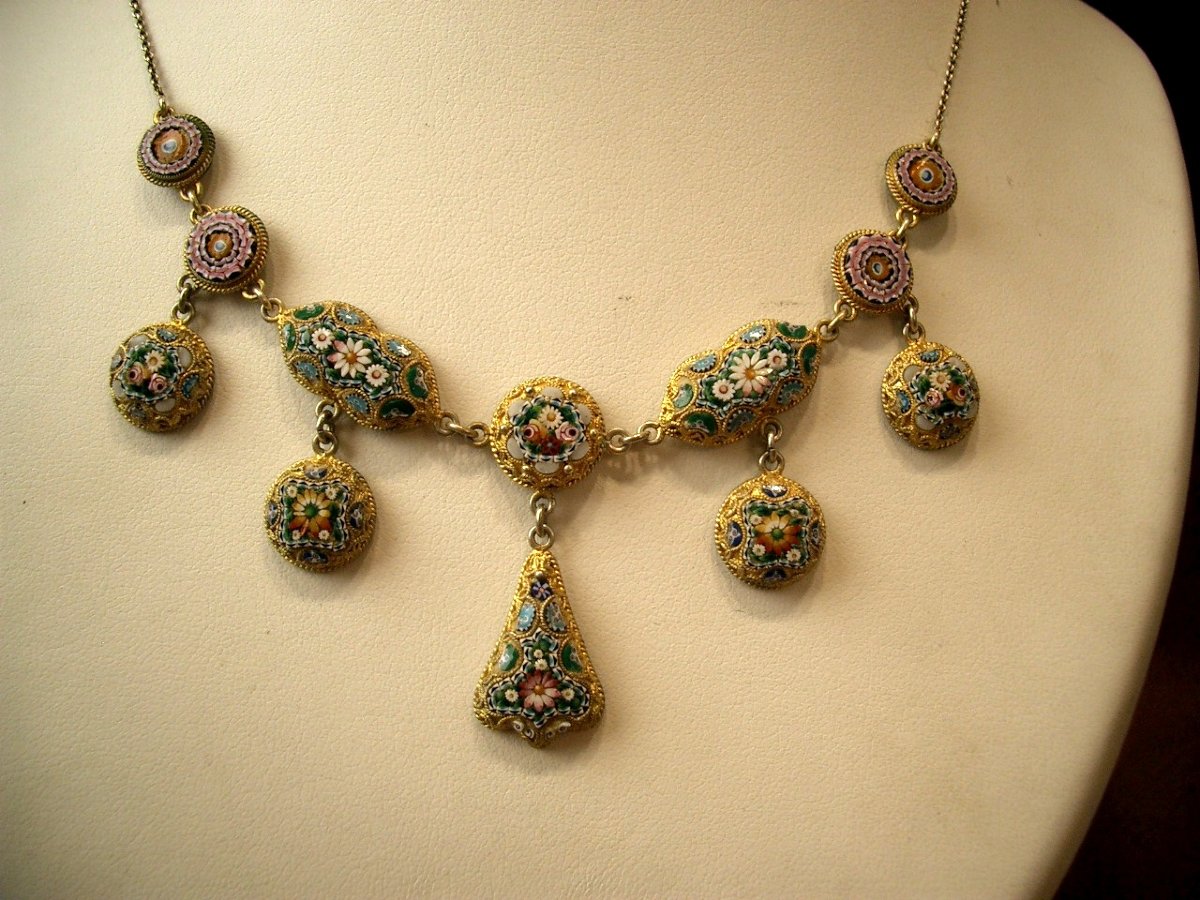Antique Drapery Necklace In Silver, Vermeil And Micro Mosaic-photo-2