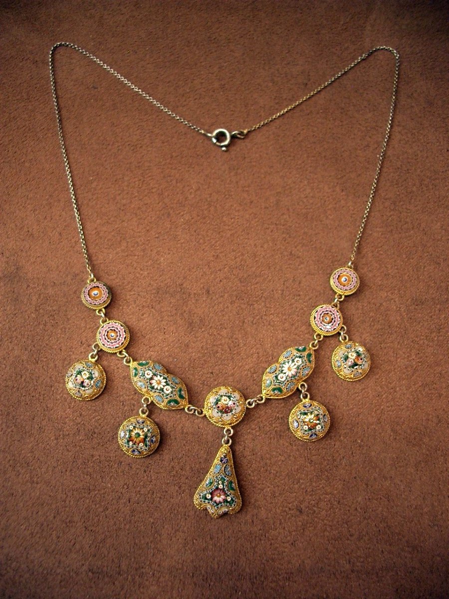 Antique Drapery Necklace In Silver, Vermeil And Micro Mosaic-photo-4