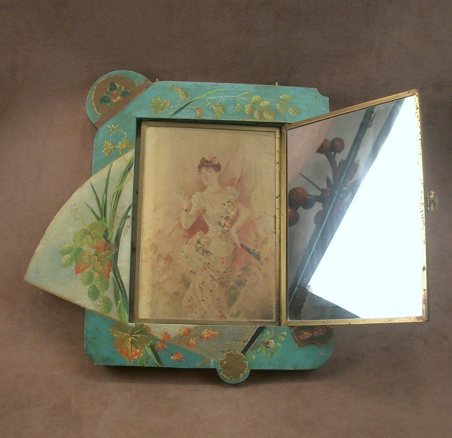 Triptych Mirror Art Nouveau 1900 Lacquered Wood, Japanese Decor-photo-3