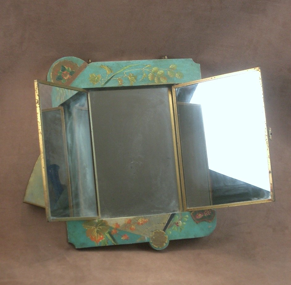 Triptych Mirror Art Nouveau 1900 Lacquered Wood, Japanese Decor-photo-5