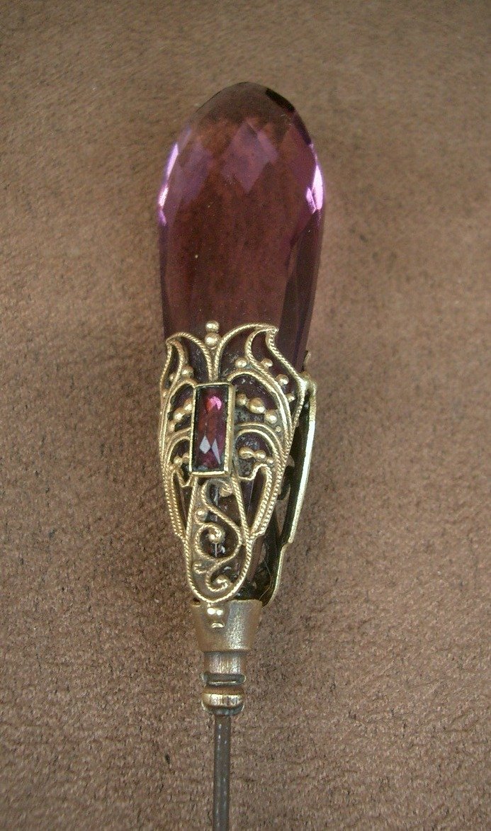 Art Nouveau Purplish Glass Hatpin With Gilded Metal Butterfly Motif-photo-3