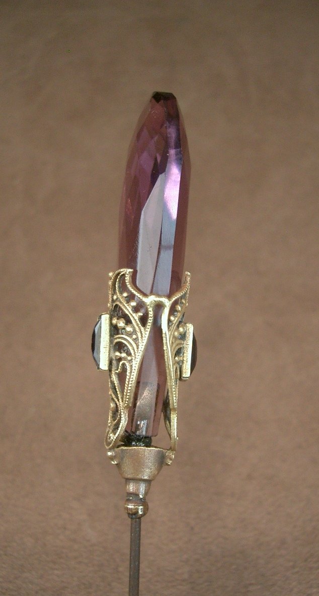 Art Nouveau Purplish Glass Hatpin With Gilded Metal Butterfly Motif-photo-4