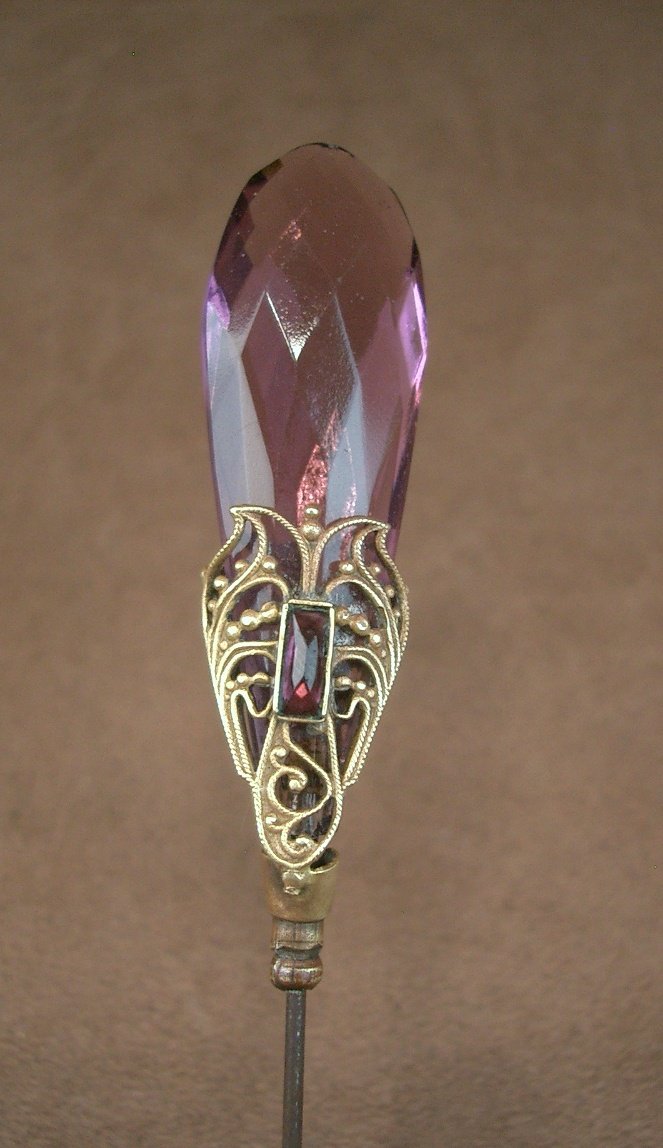 Art Nouveau Purplish Glass Hatpin With Gilded Metal Butterfly Motif-photo-1