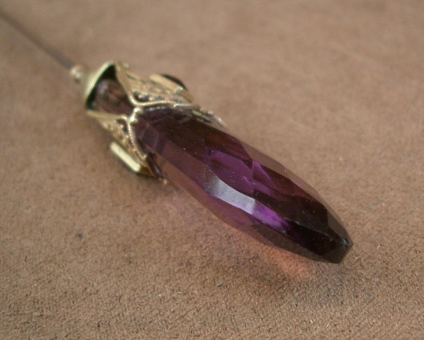 Art Nouveau Purplish Glass Hatpin With Gilded Metal Butterfly Motif-photo-3