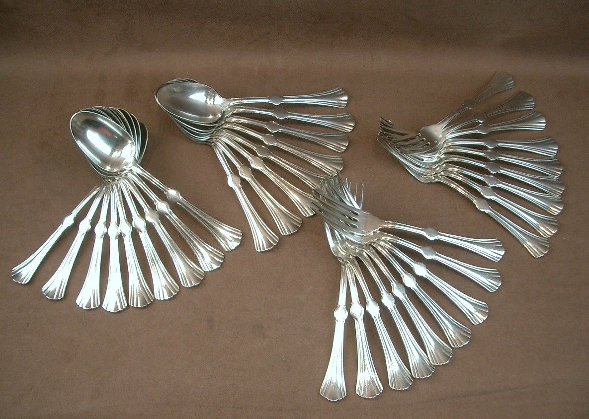 Art Nouveau Silver-plated Christofle Lotus Model 108 Pieces-photo-3