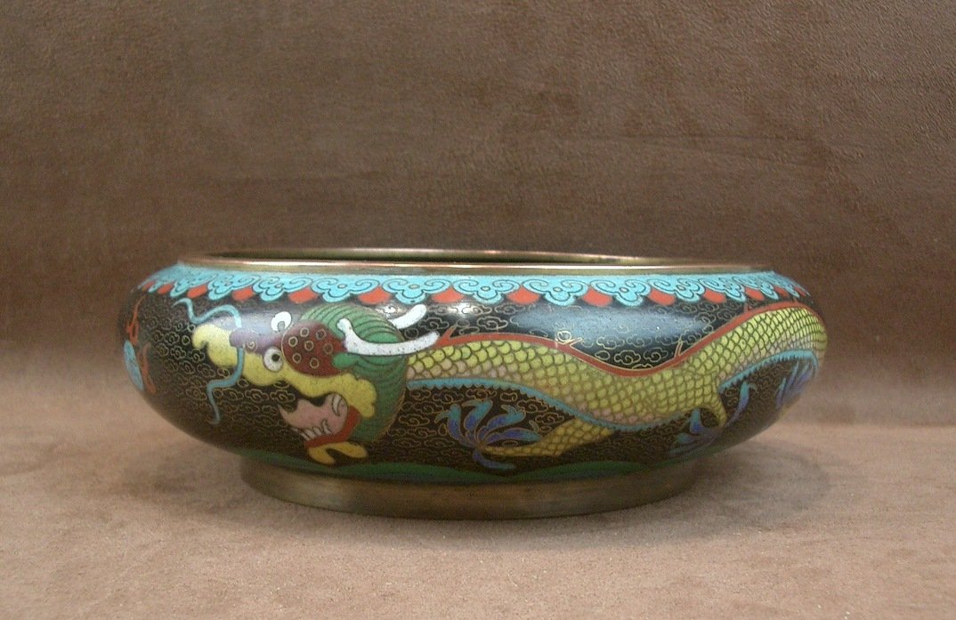 Cloisonné Enamel Bowl With Dragon Design China, Early 20th Century Signed-photo-3