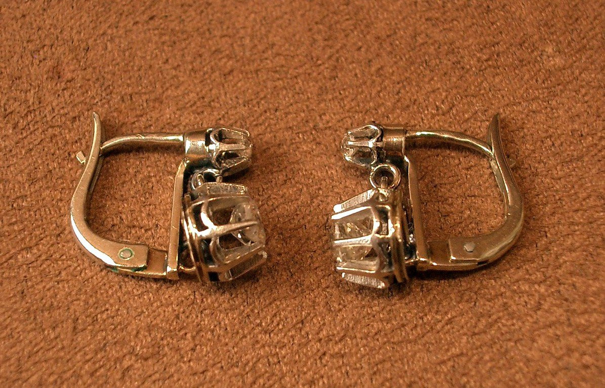 Pair Of Earrings, Antique Dormeuses 18k White Gold And 1.1 Carat Platinum Diamonds-photo-2