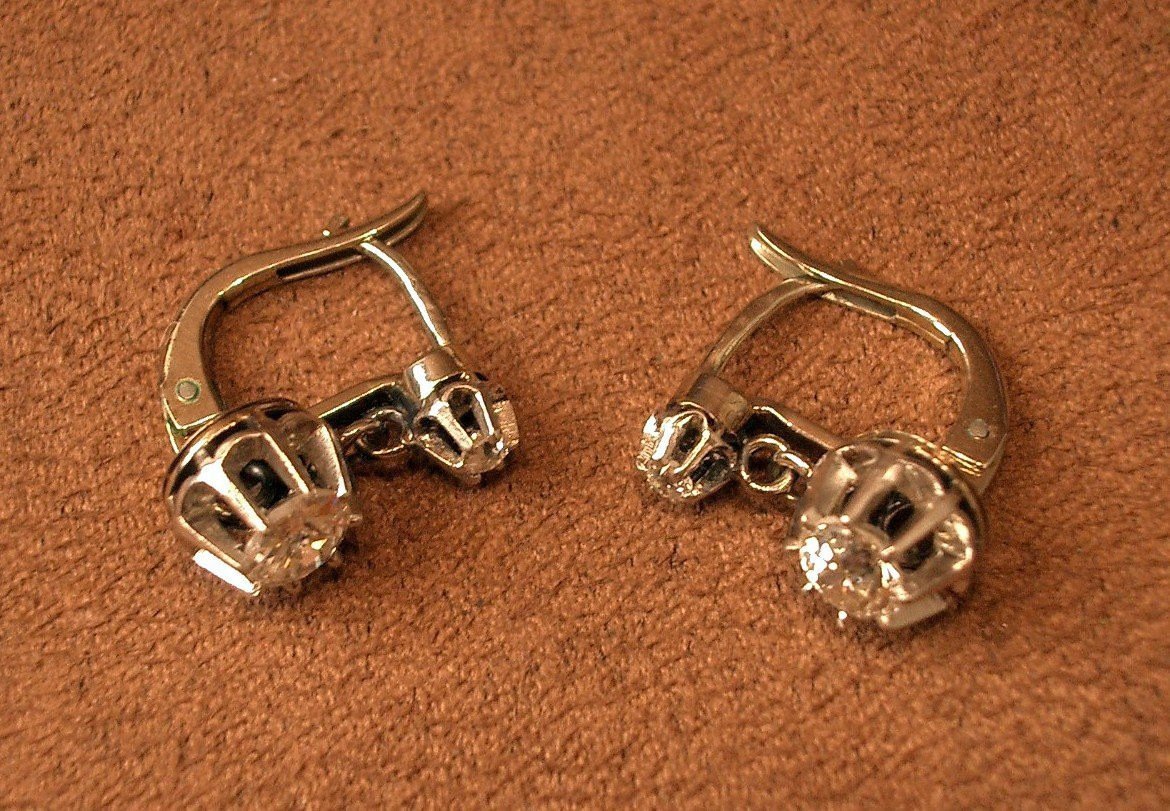 Pair Of Earrings, Antique Dormeuses 18k White Gold And 1.1 Carat Platinum Diamonds-photo-3