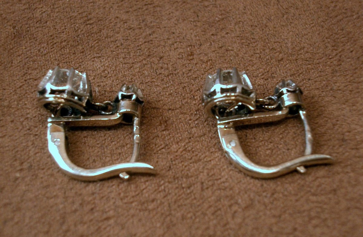 Pair Of Earrings, Antique Dormeuses 18k White Gold And 1.1 Carat Platinum Diamonds-photo-3