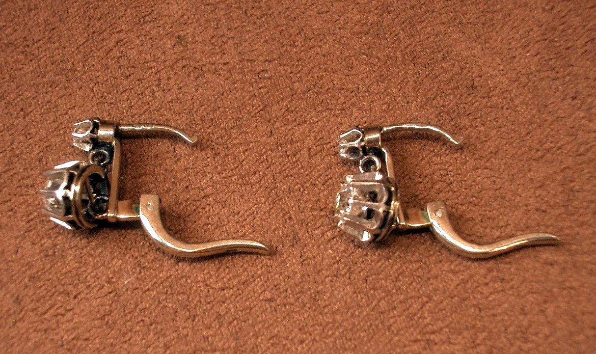 Pair Of Earrings, Antique Dormeuses 18k White Gold And 1.1 Carat Platinum Diamonds-photo-4