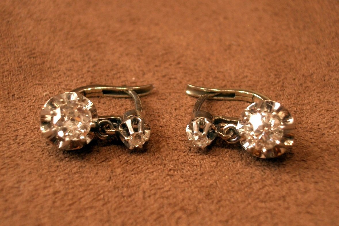 Pair Of Earrings, Antique Dormeuses 18k White Gold And 1.1 Carat Platinum Diamonds-photo-5