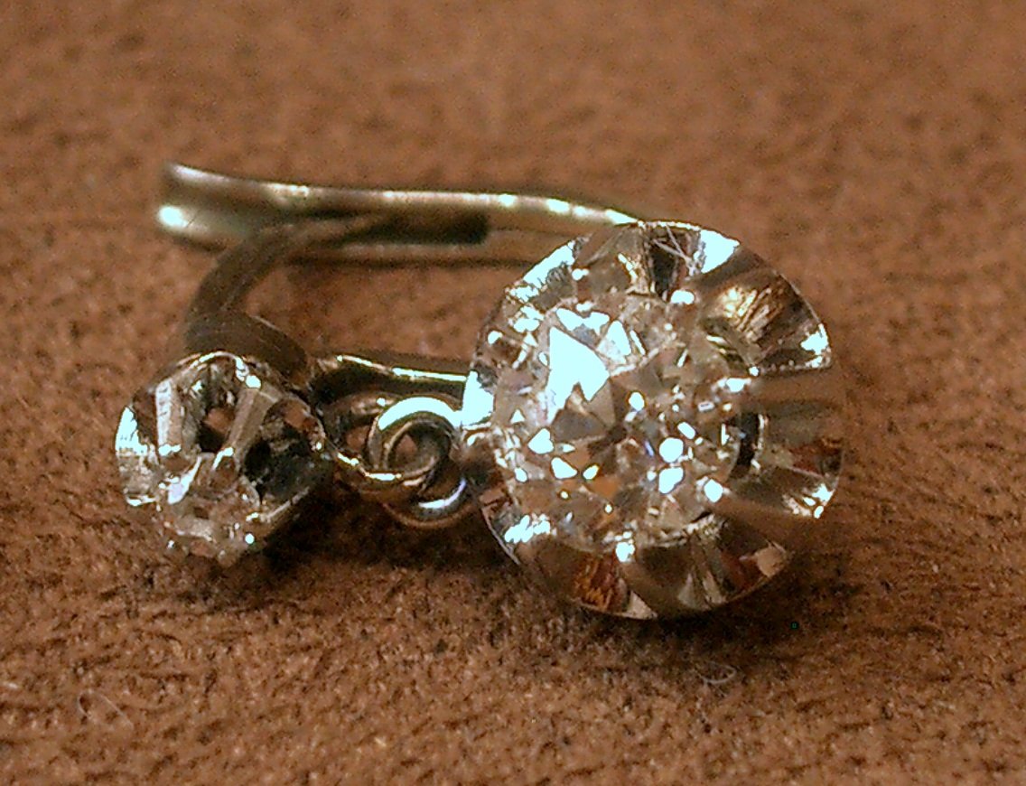 Pair Of Earrings, Antique Dormeuses 18k White Gold And 1.1 Carat Platinum Diamonds-photo-6