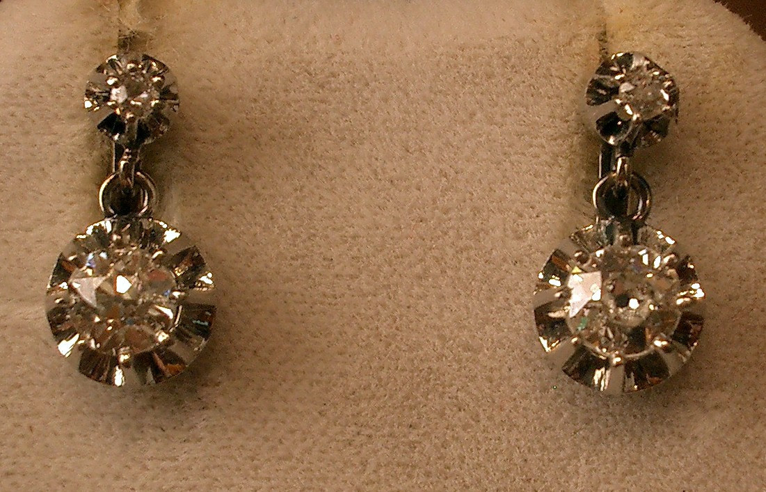 Pair Of Earrings, Antique Dormeuses 18k White Gold And 1.1 Carat Platinum Diamonds