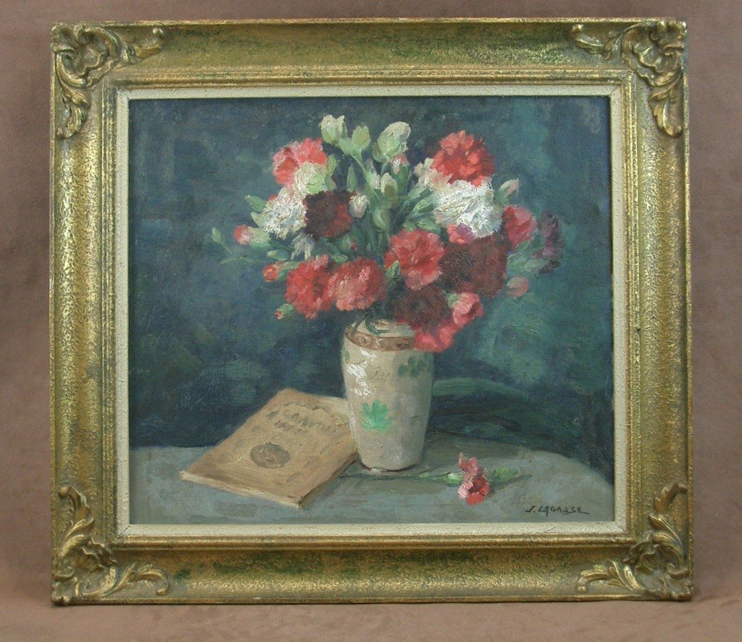 Huile sur toile Nature morte aux fleurs signée Joseph Lagasse (1878-1962) -photo-2