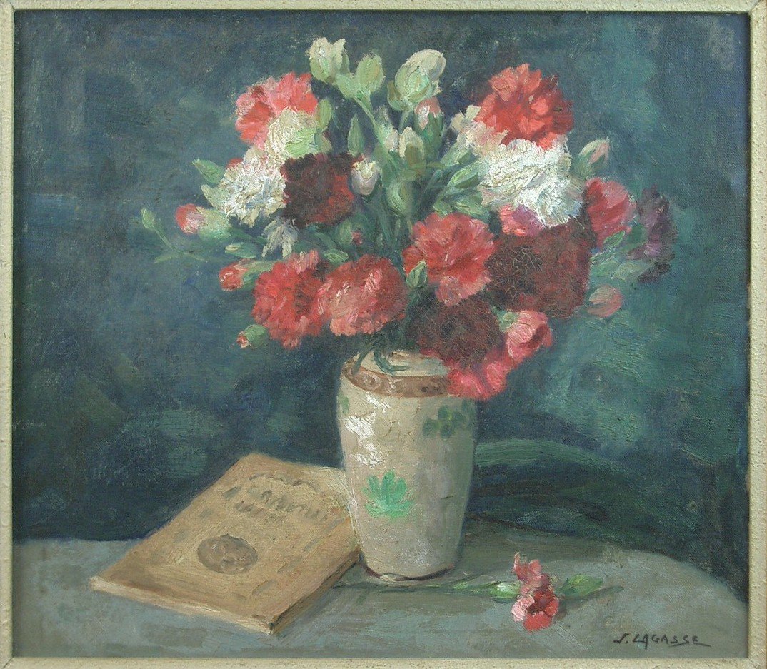 Huile sur toile Nature morte aux fleurs signée Joseph Lagasse (1878-1962) -photo-3