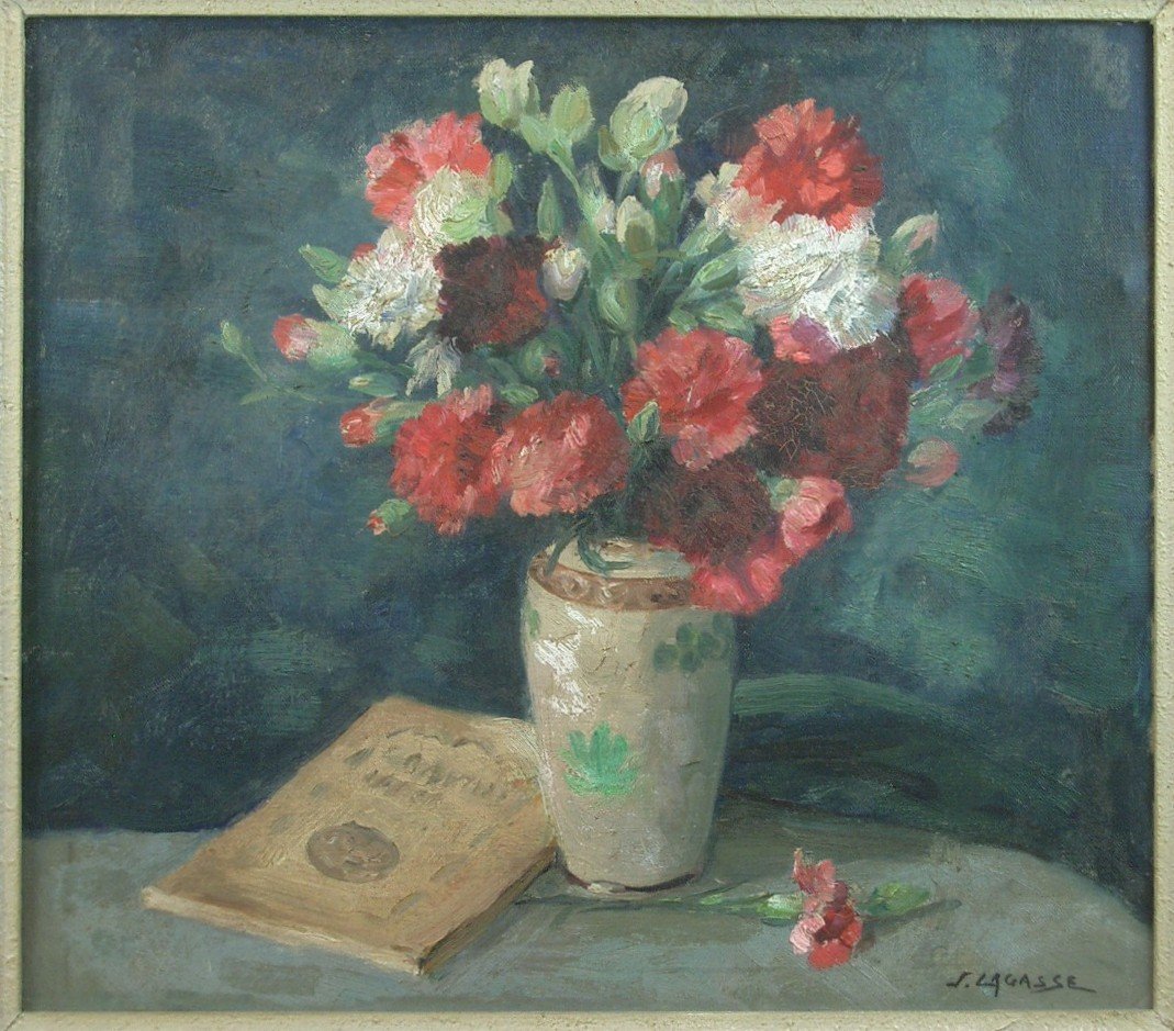 Huile sur toile Nature morte aux fleurs signée Joseph Lagasse (1878-1962) -photo-4