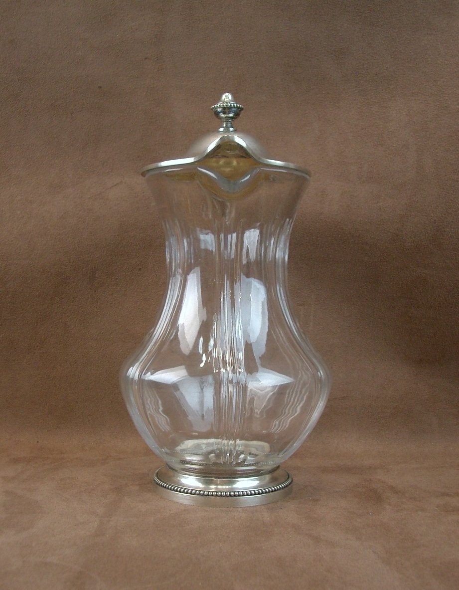 Cut Crystal Pitcher With Solid Silver Base And Lid By Silversmith Robert Linzeler -photo-2