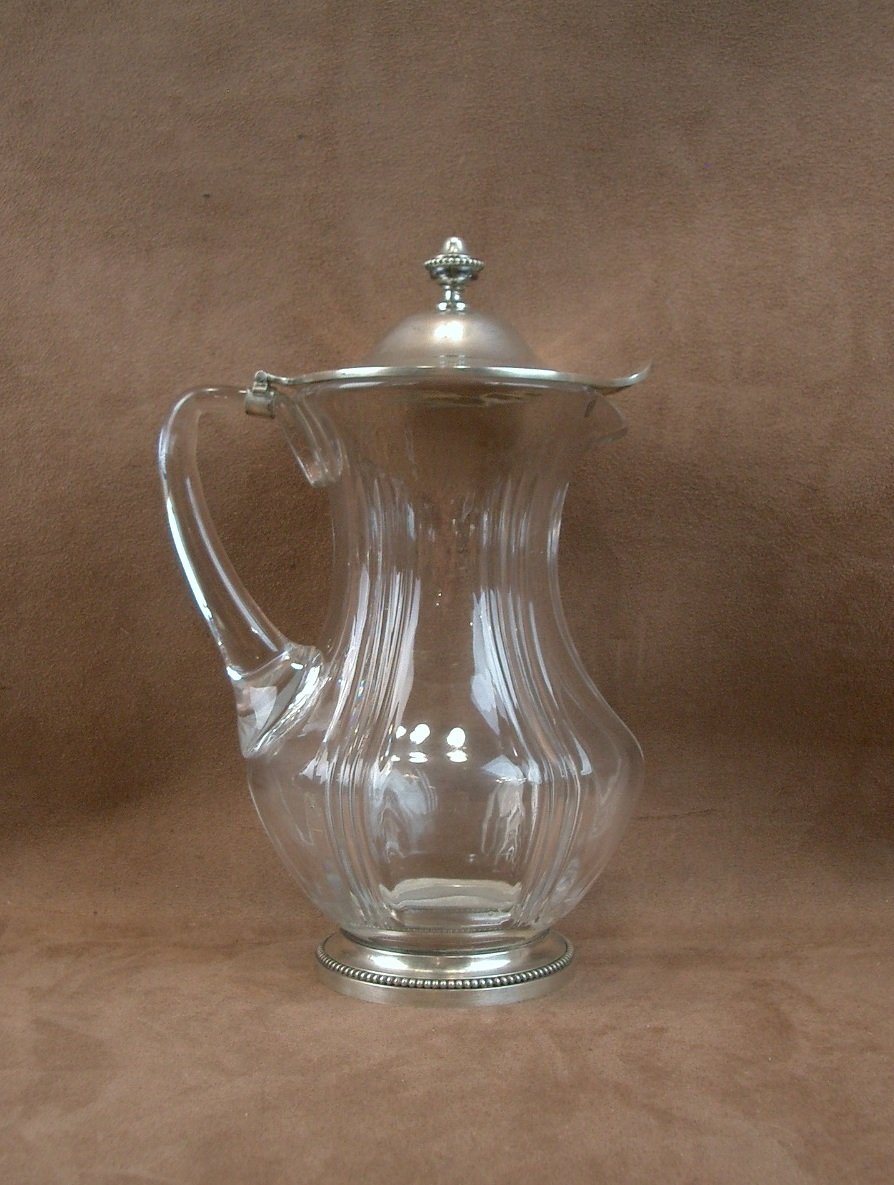 Cut Crystal Pitcher With Solid Silver Base And Lid By Silversmith Robert Linzeler 