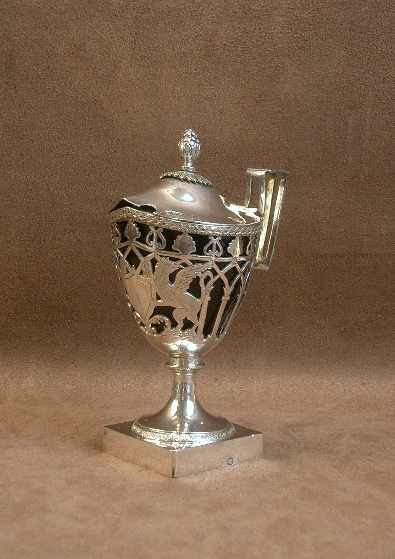 Solid Silver Mustard Pot With The "1st Rooster" Hallmark, Late 18th Century
