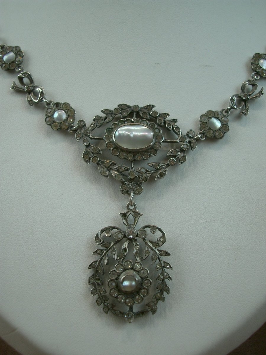 Collier ancien en argent Pierres du Rhin et nacre XIXe siècle-photo-2
