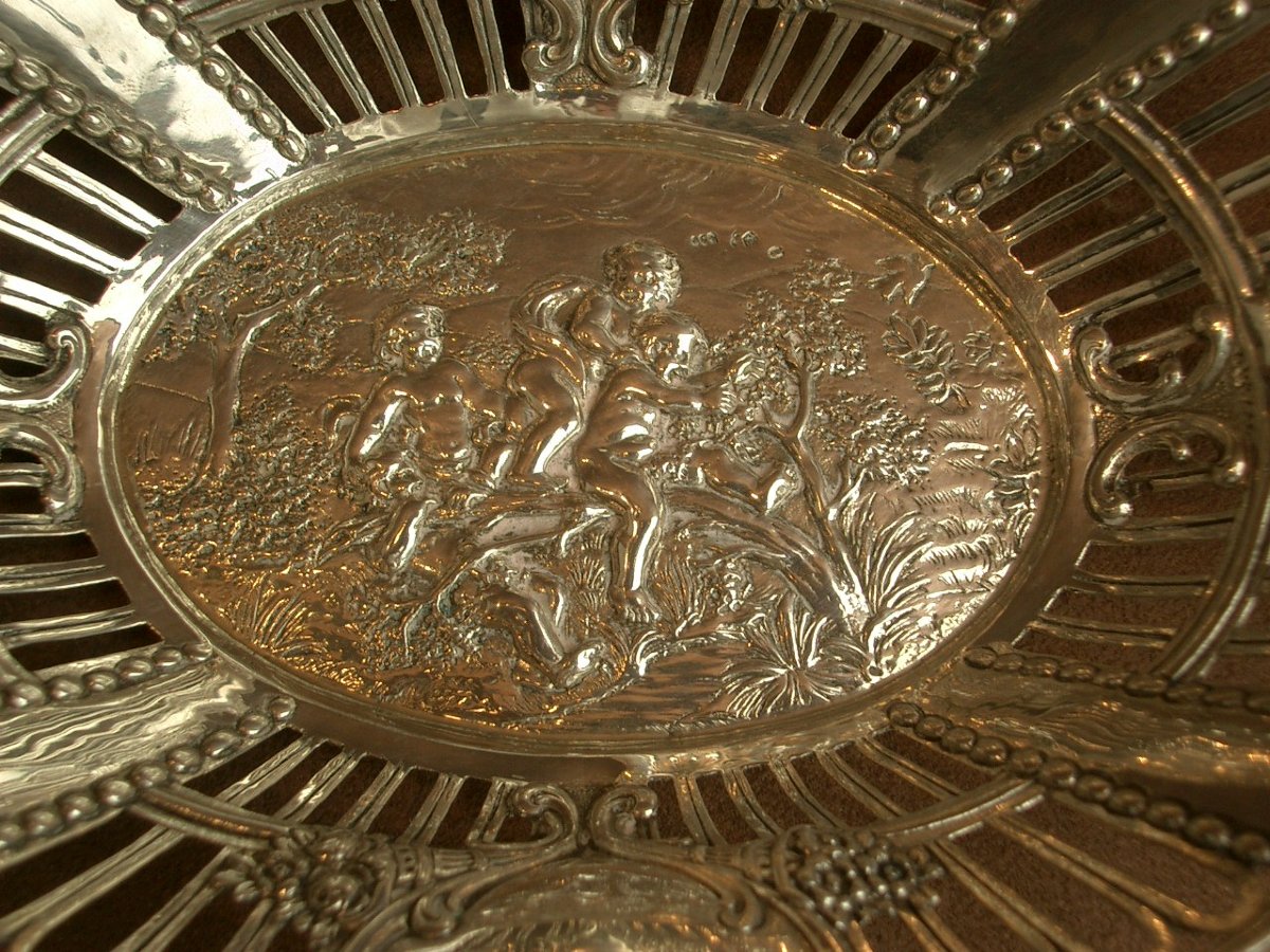 Corbeille ajourée en argent massif , décor de Putti dans la nature-photo-2
