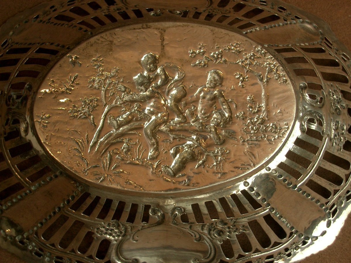 Corbeille ajourée en argent massif , décor de Putti dans la nature-photo-6