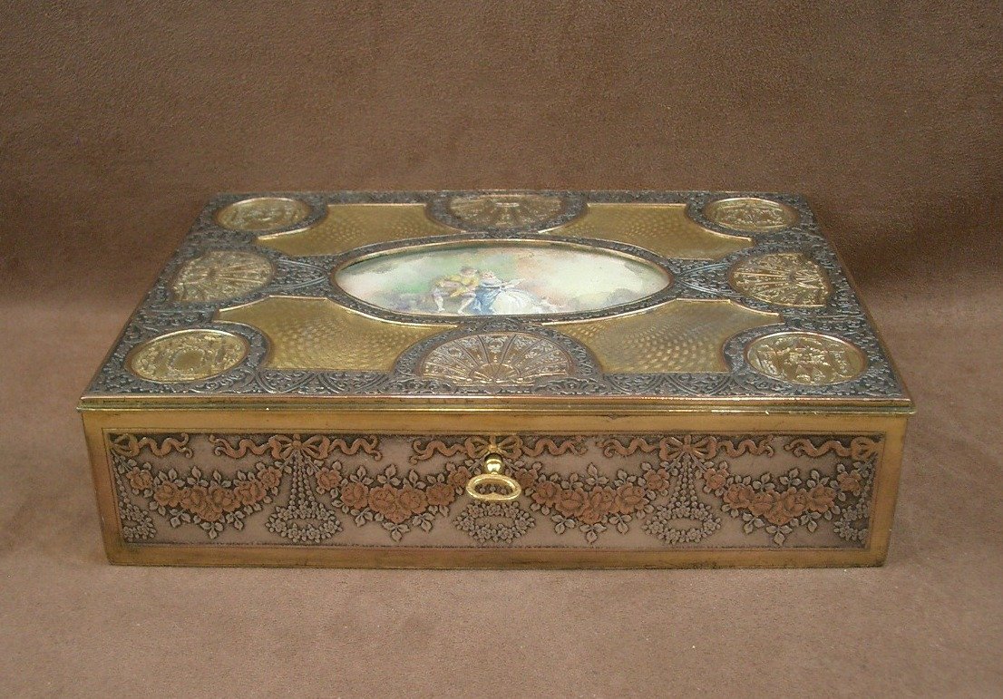 Coffret à bijoux en laiton doré et argenté, miniature peinte XIXe siècle -photo-2