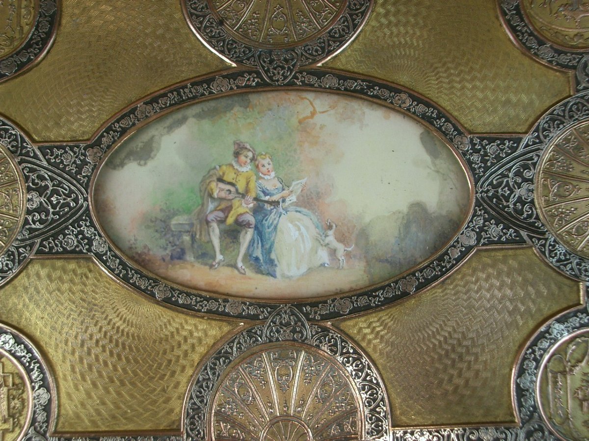 Coffret à bijoux en laiton doré et argenté, miniature peinte XIXe siècle -photo-3