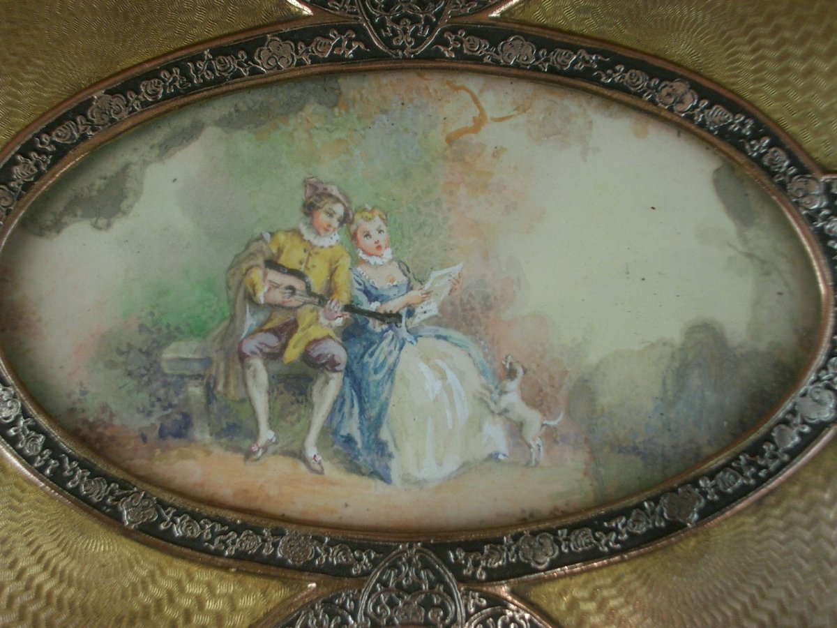 Coffret à bijoux en laiton doré et argenté, miniature peinte XIXe siècle -photo-4