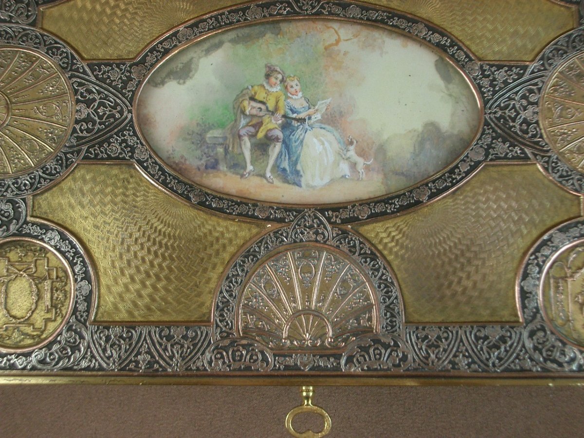 Coffret à bijoux en laiton doré et argenté, miniature peinte XIXe siècle -photo-1