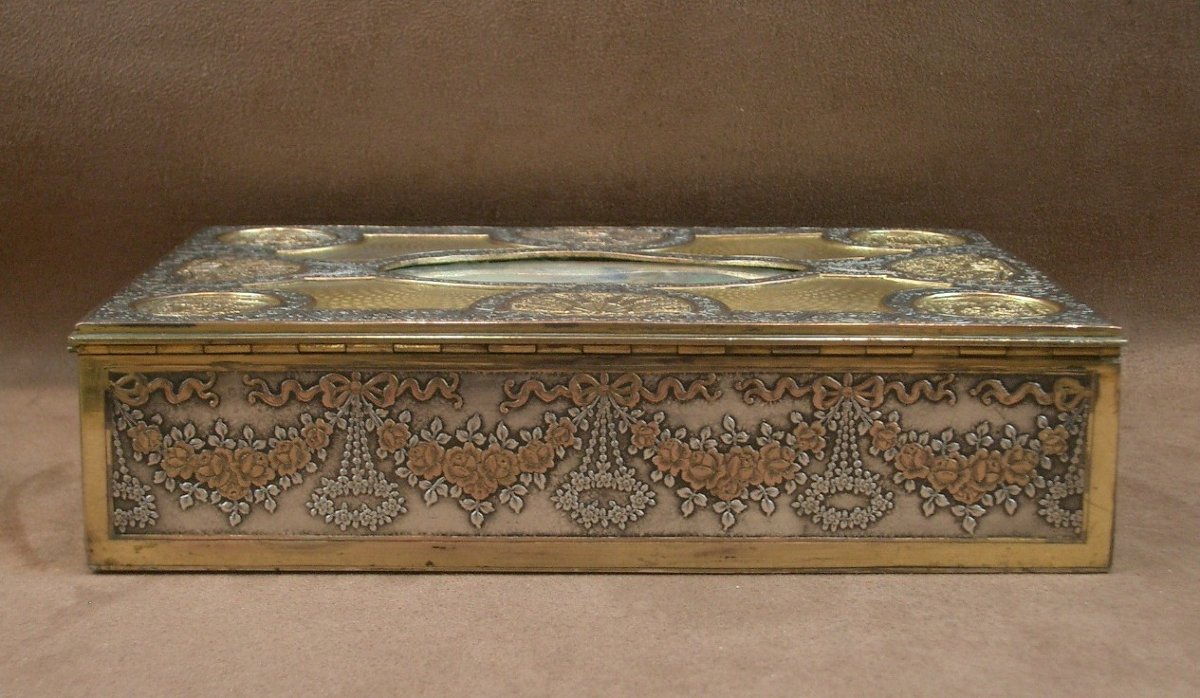 Coffret à bijoux en laiton doré et argenté, miniature peinte XIXe siècle -photo-3