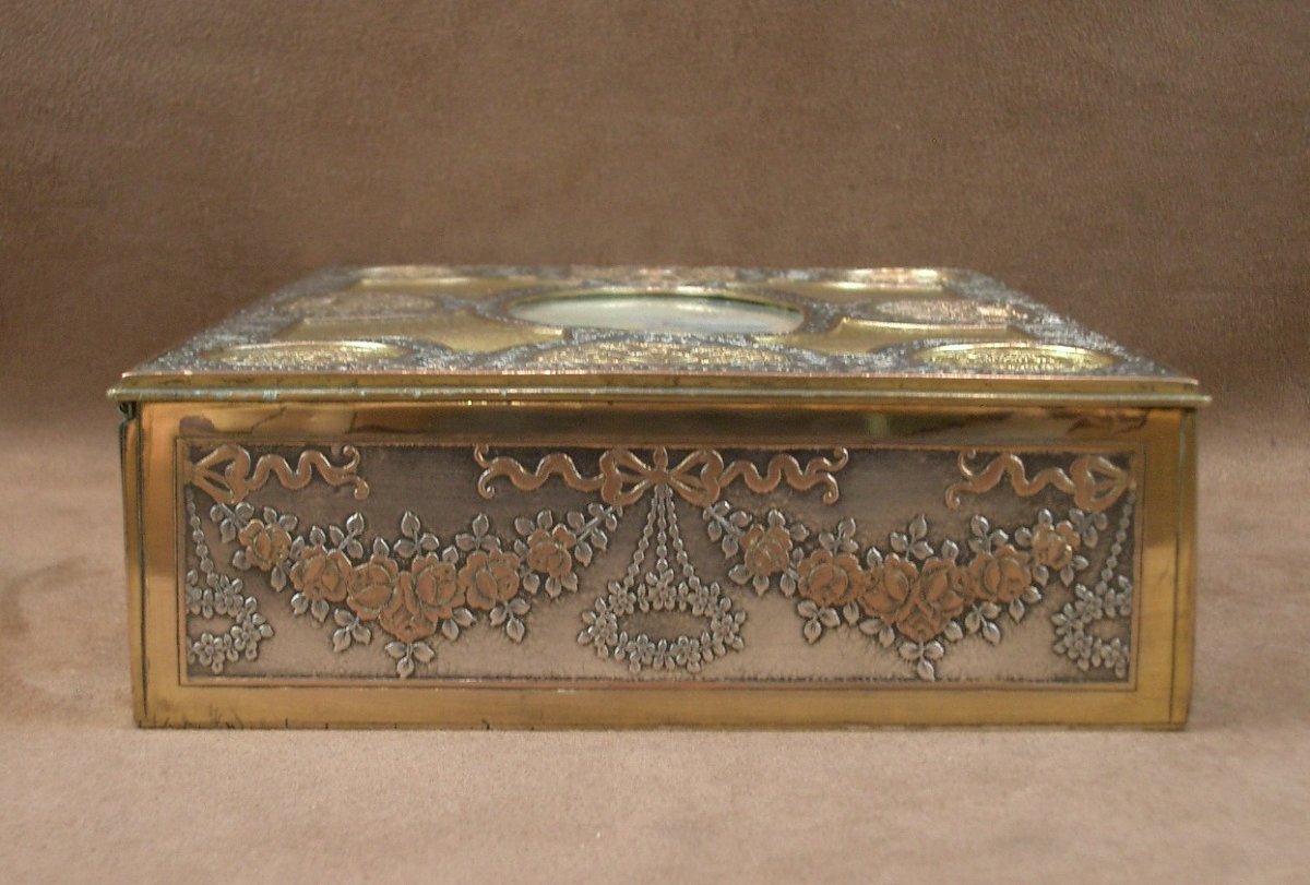 Coffret à bijoux en laiton doré et argenté, miniature peinte XIXe siècle -photo-4