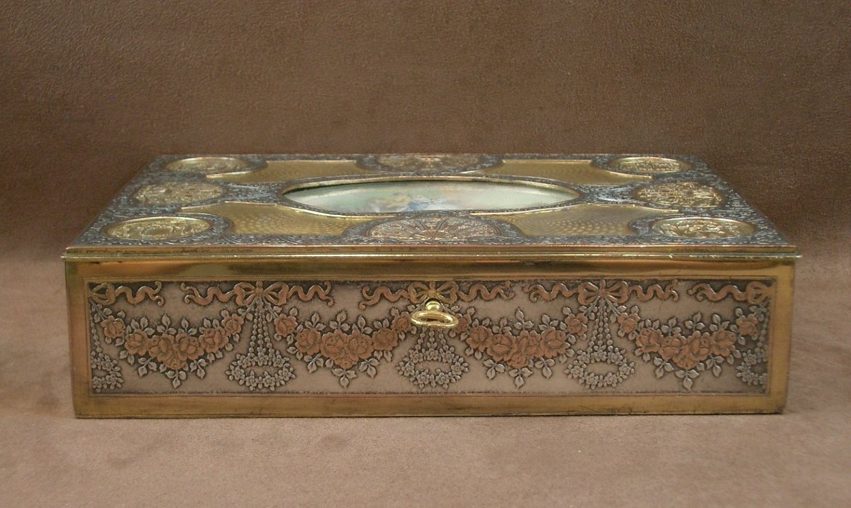 Coffret à bijoux en laiton doré et argenté, miniature peinte XIXe siècle -photo-5