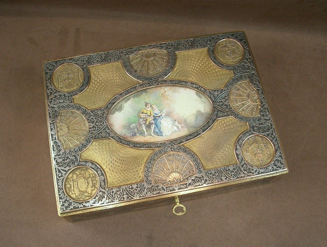 Coffret à bijoux en laiton doré et argenté, miniature peinte XIXe siècle -photo-8