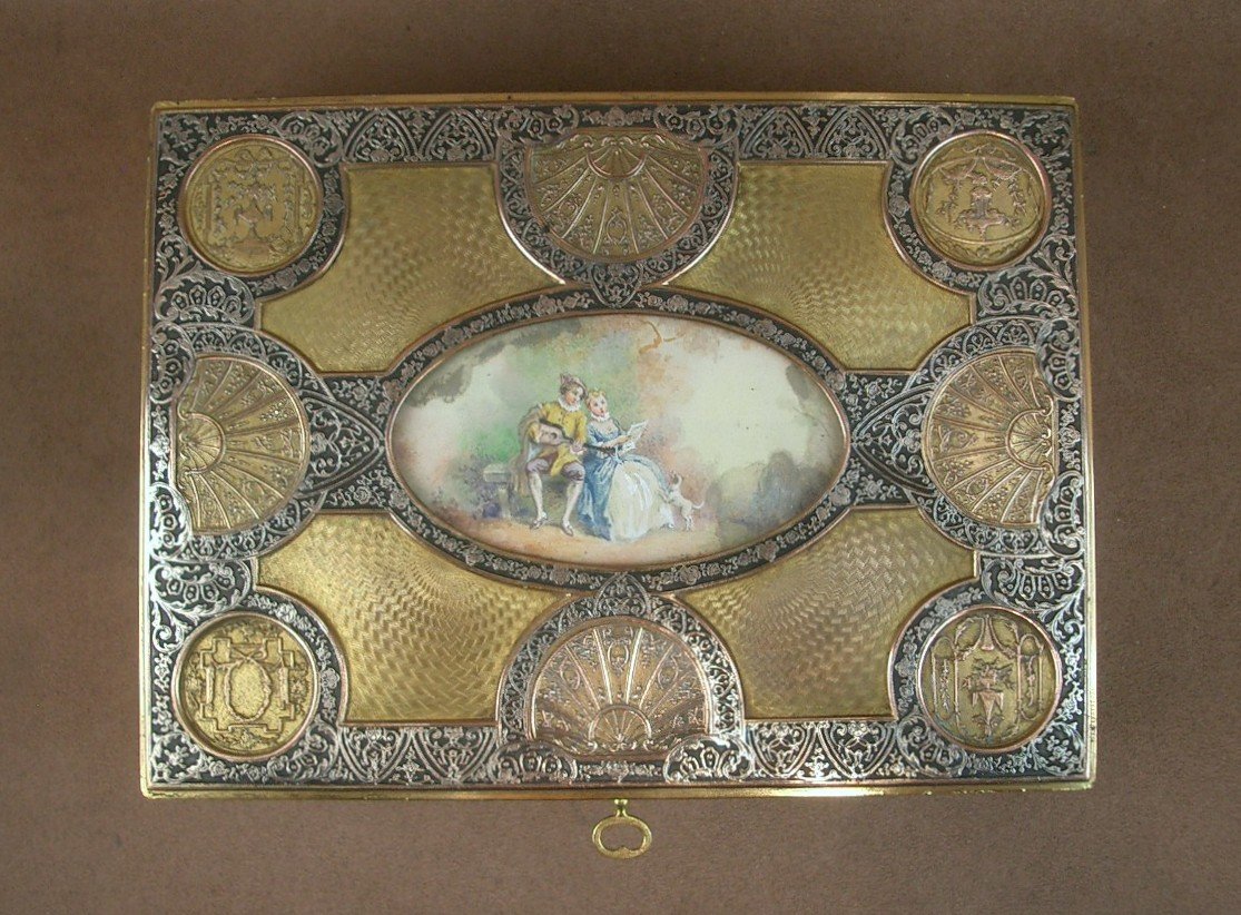 Coffret à bijoux en laiton doré et argenté, miniature peinte XIXe siècle 