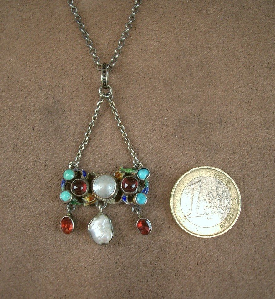 Vermeil Pendant With Enamel, Gemstones, And Fine Pearls; Austro-hungarian Art Nouveau Craftsmanship-photo-2